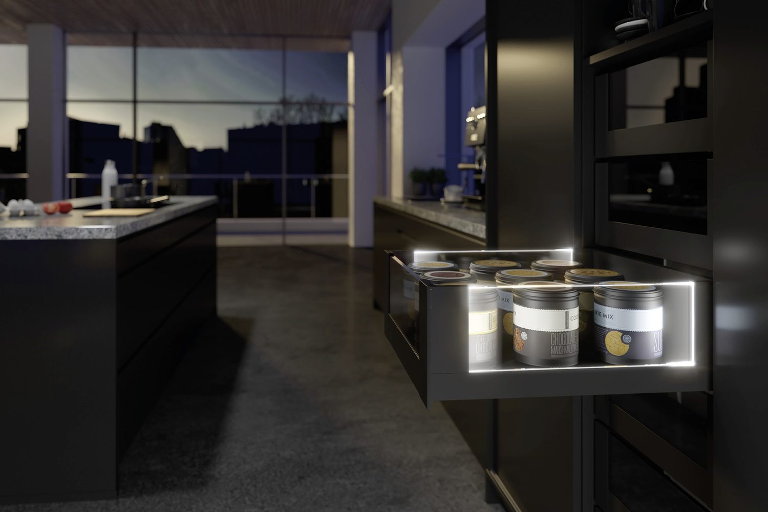 Lit soft-close kitchen drawer in dark cabinetry