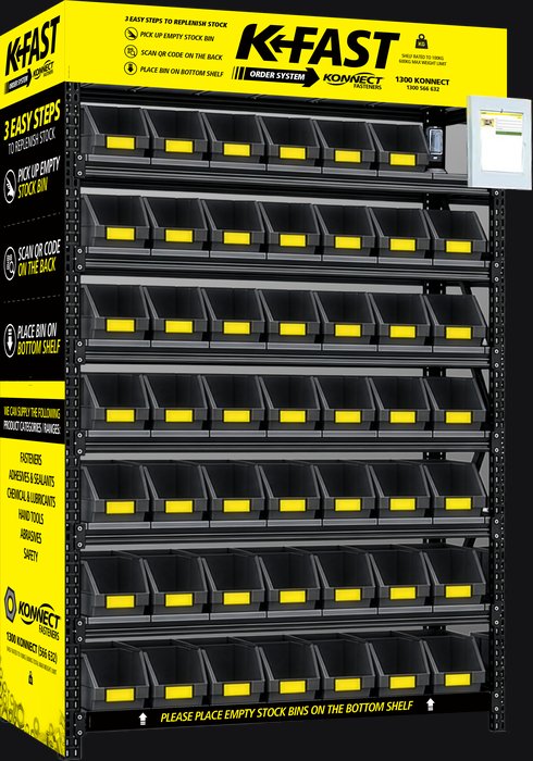 Single bay K-FAST EVMI racking stand with Kanban bins, RF scanner and tablet