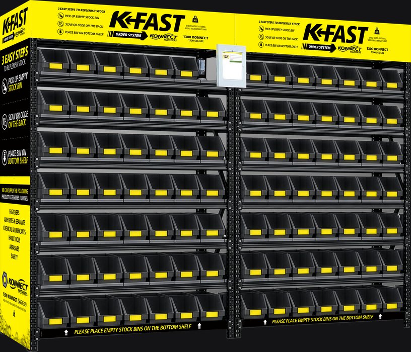Two bay K-FAST EVMI racking stand with Kanban bins, RF scanner and tablet