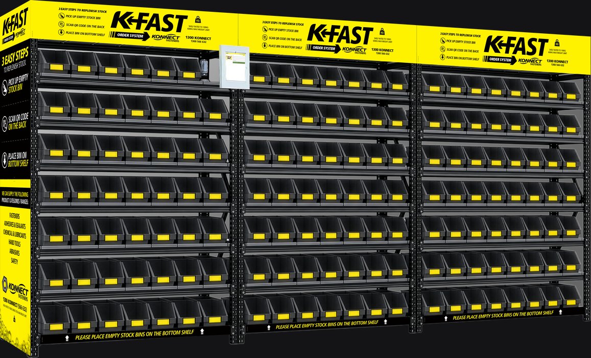 Three bay K-FAST EVMI racking stand with Kanban bins, RF scanner and tablet