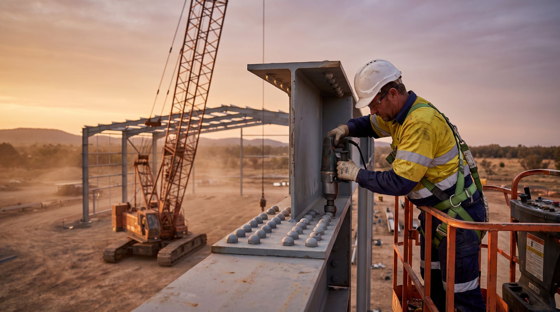 Steel erector installing tension control bolts with a shear wrench